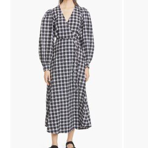 Ganni Long Sleeve Check Seersucker Wrap Dress